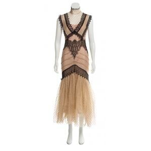 $1675 NEW NATASHA ZINKO NUDE LACE TULLE MAXI EVENING POLKA DOT PARTY DRESS
